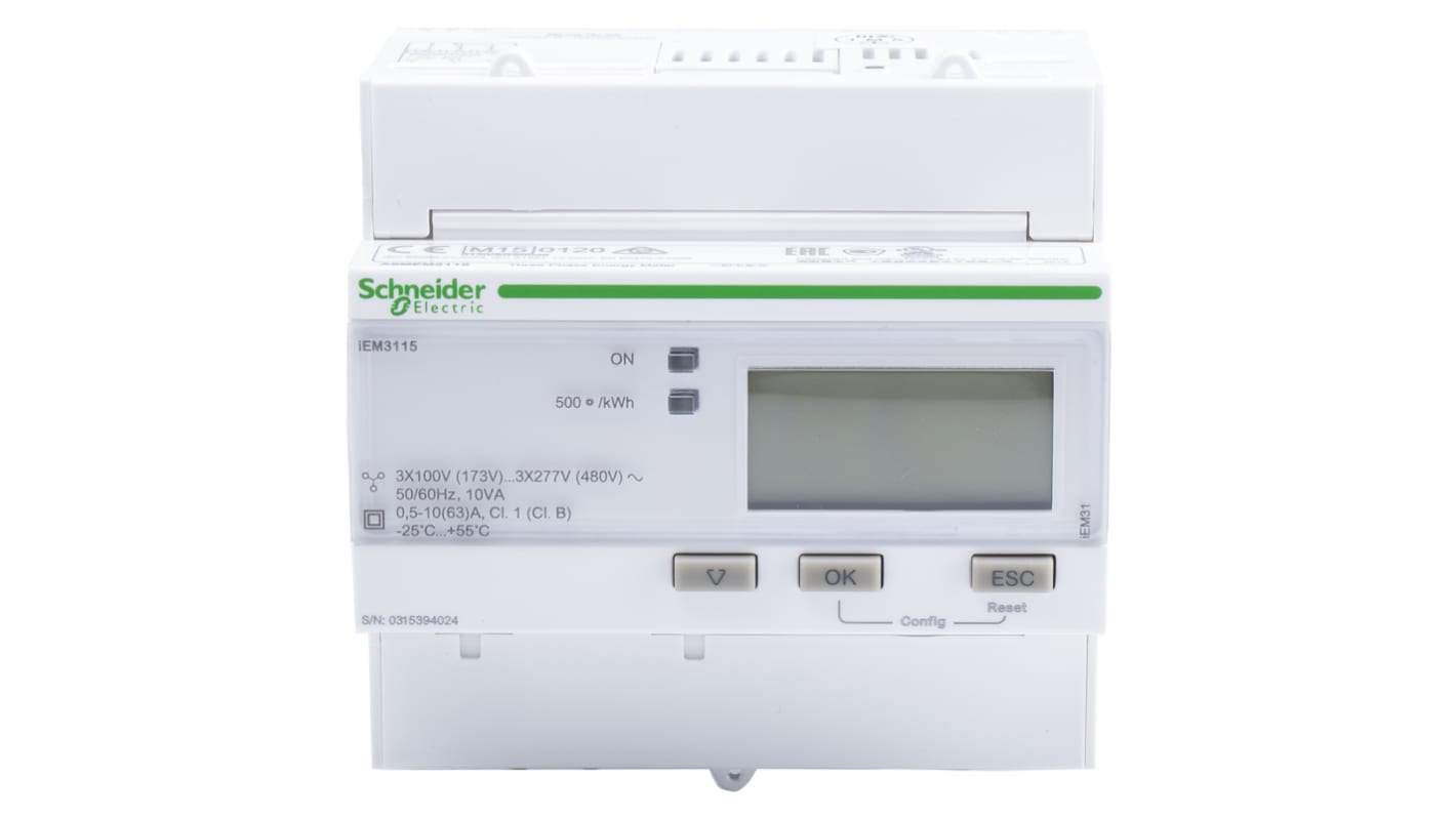 Contatore di energia Schneider Electric A9MEM3115 iEM3100, per misurazione in circuiti monofase e trifase, IP40.