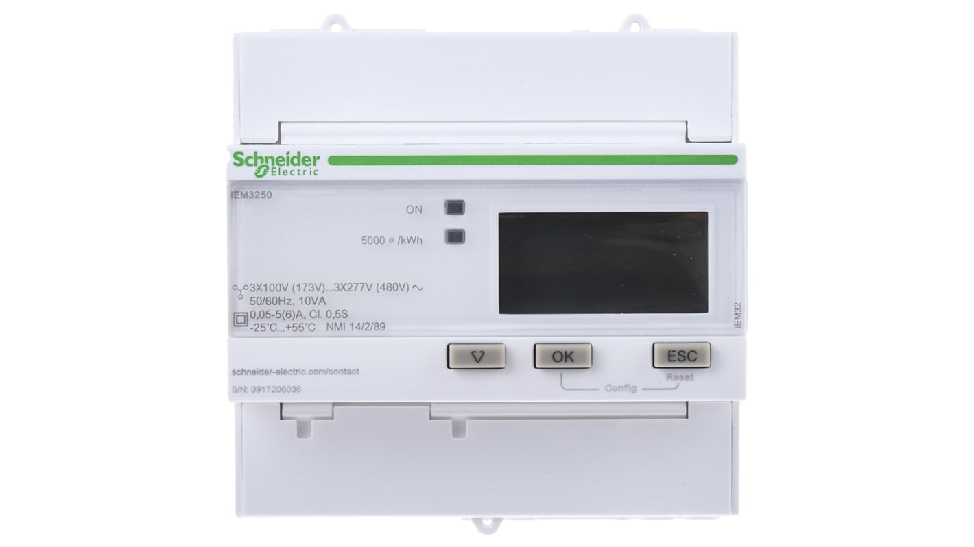 Contatore di energia Schneider Electric A9MEM3250 iEM3200, 1-3 fasi, montaggio su guida DIN, display LCD 10 cifre.
