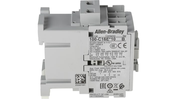 Contattore Allen Bradley 100-C16EJ10, 3 poli, 16A, 7,5 kW, bobina 24V c.c. per motori e carichi pesanti. Alta affidabilità e prestazioni.