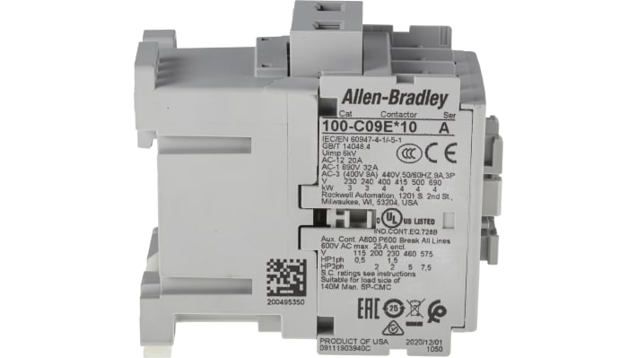 Contattore Allen Bradley 100-C09EJ10, 3 poli, 9 A, 24 V dc, montaggio su guida DIN, dimensioni 45x81x86.5 mm.