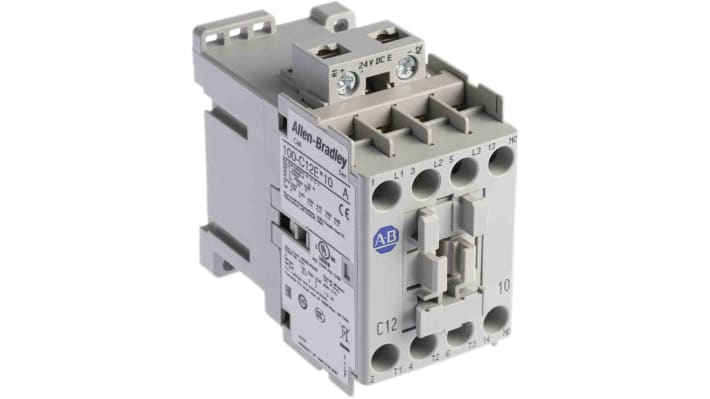 Contattore Allen Bradley 100-C12EJ10, 3 poli, 12 A, bobina 24 V c.c., montaggio su guida DIN, dimensioni 45x81x86,5 mm.