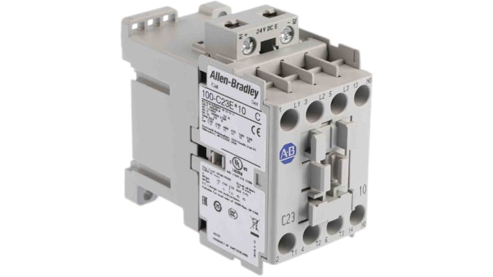 Contattore Allen Bradley 100-C23EJ10 per controllo motori, 3 poli, 23 A, 24 V c.c., montaggio su guida DIN. Dimensioni 45x81x86.5 mm.