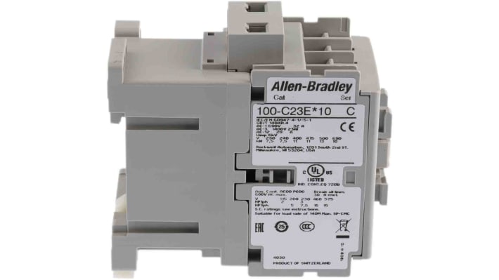 Contattore Allen Bradley 100-C23EJ10 per controllo motori, 3 poli, 23 A, 24 V c.c., montaggio su guida DIN. Dimensioni 45x81x86.5 mm.