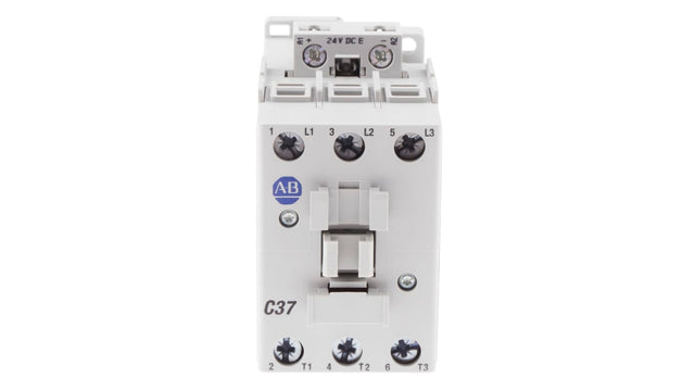 Contattore Allen Bradley 100-C37EJ00, 3 poli, 18,5 kW, 37A, coil 24V c.c. per controllo motori industriali. Alta efficienza e affidabilità.