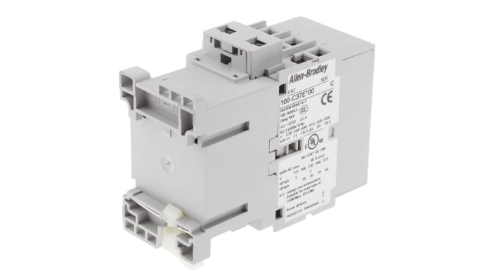 Contattore Allen Bradley 100-C37EJ00, 3 poli, 18,5 kW, 37A, coil 24V c.c. per controllo motori industriali. Alta efficienza e affidabilità.