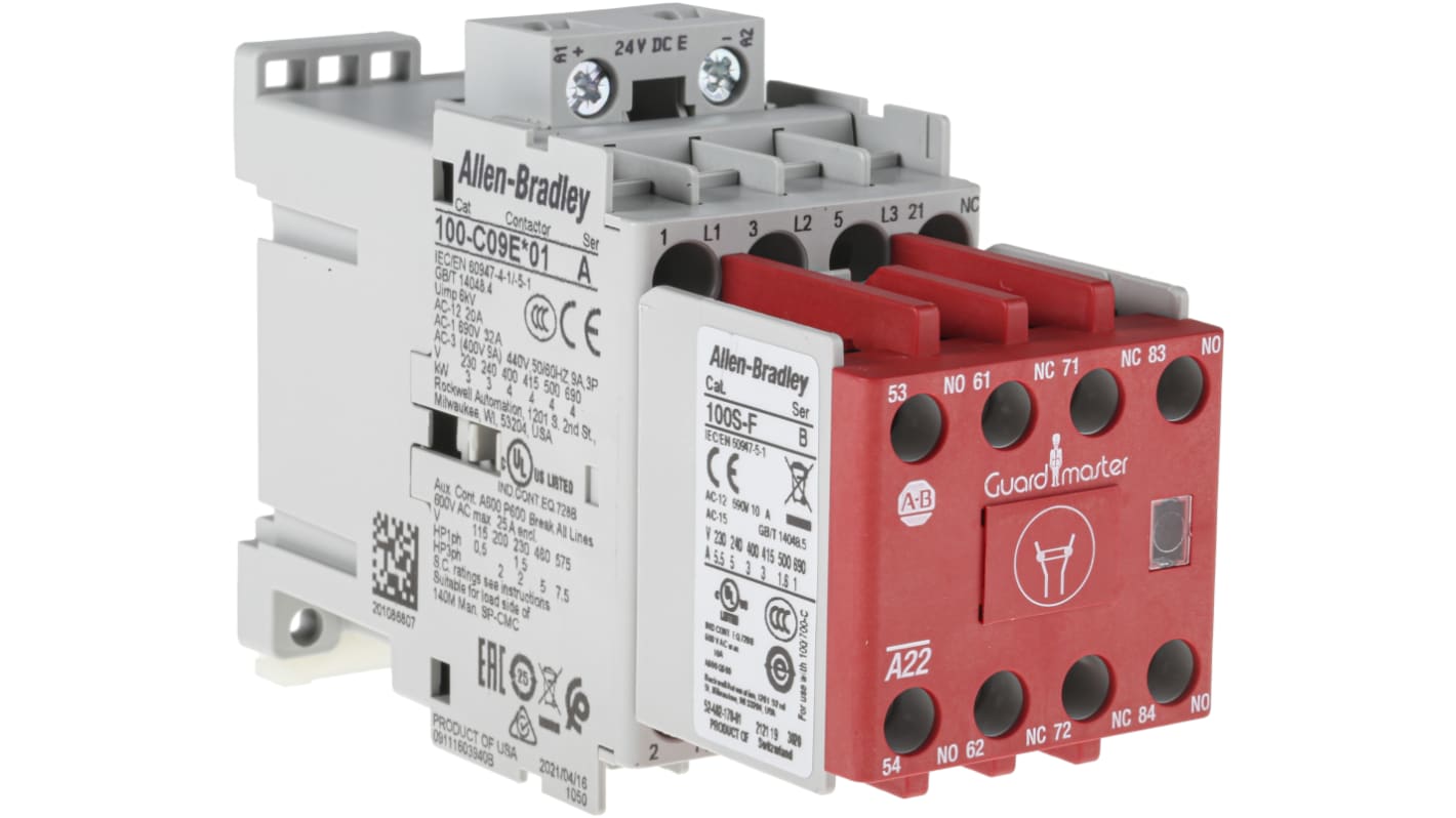 Contattore 3 poli Allen Bradley 100S-C09EJ23C, 9 A, 24 V c.c., dimensioni 45x81x125.5 mm, colore rosso per identificazione.
