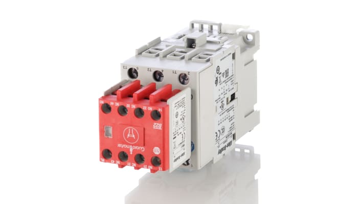 Contattore 3 poli Allen Bradley 100S-C43EJ22C, 43 A, 24 V c.c., con contatti meccanicamente collegati, dimensioni 81mm x 45mm x 146mm.