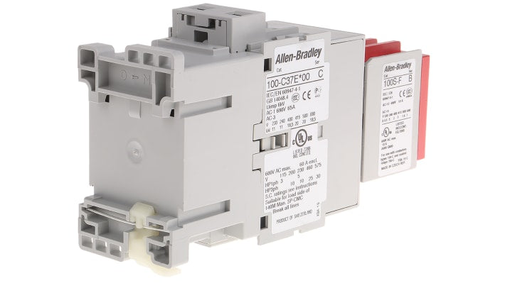 Contattore 3 poli Allen Bradley 100S-C37EJ22C, 37 A, 24 V c.c., dimensioni 81x45x143 mm, contenitore rosso, conforme a IEC 947-5-1.