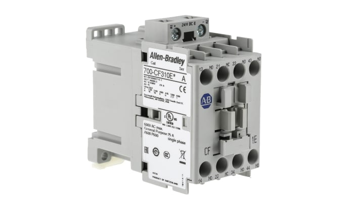 Contattore Allen Bradley 700-CF310EJ, 4 poli, 3NO + 1NC, montaggio su guida DIN, dimensioni 81mm x 45mm x 112.5mm.