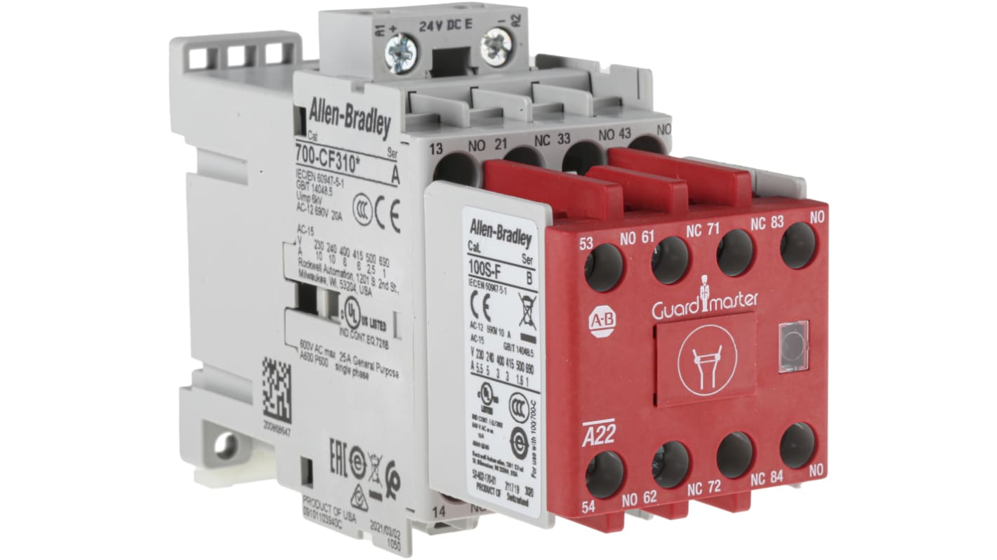 Contattore Allen Bradley 700S-CF530EJC, 8 poli, 24 V c.c., 25 A, 2NO + 2NC, 3NO + 1NC, dimensioni 45x81x125.5 mm.