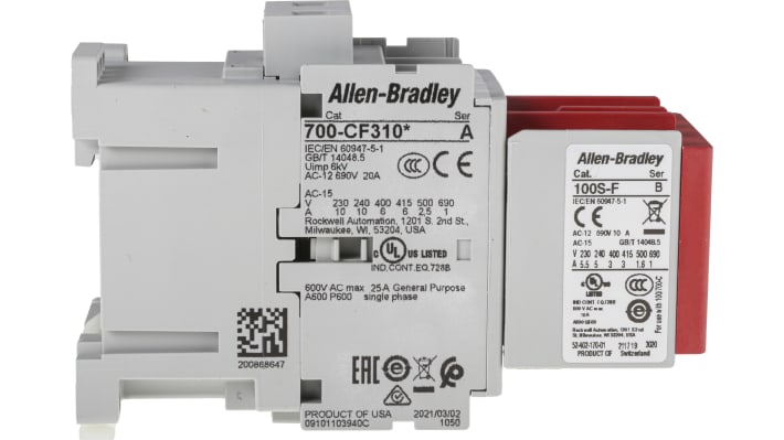 Contattore Allen Bradley 700S-CF530EJC, 8 poli, 24 V c.c., 25 A, 2NO + 2NC, 3NO + 1NC, dimensioni 45x81x125.5 mm.