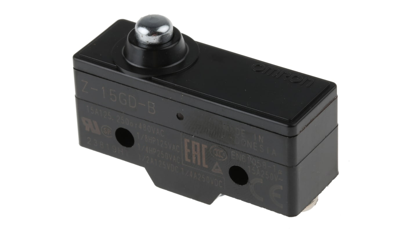 Interruttore di fine corsa Omron Z-15GD-B, stantuffo SPDT, NO/NC, dimensioni 49.2mm x 30.7mm x 17.45mm, grado di protezione IP00.
