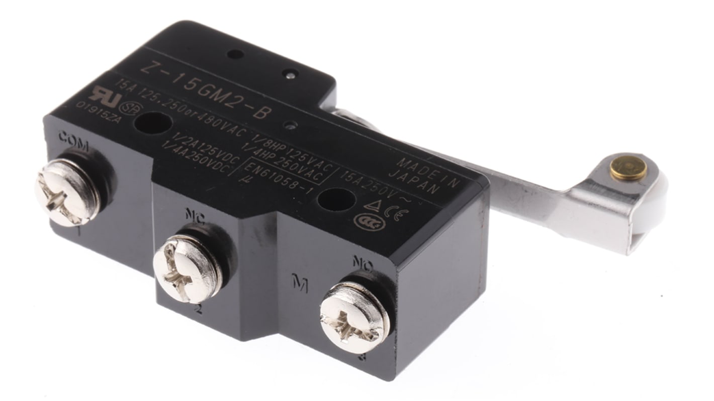 Interruttore di fine corsa Omron Z-15GM2-B, leva a rullo, contatti SPDT, protezione IP00, dimensioni 49.2 x 39.4 x 17.45 mm.