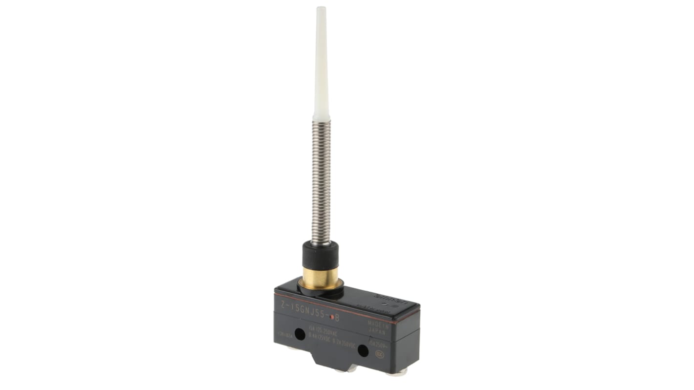 Interruttore di fine corsa Omron Z-15GNJ55B, molla elicoidale, SPDT, contatti NO/NC, protezione IP62, dimensioni 49.2mm x 111.3mm x 17.45mm.
