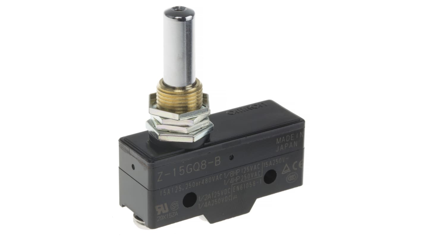 Interruttore di fine corsa Omron Z-15GQ8-B, stantuffo NO/NC, 15A, 500V, dimensioni 49.2mm x 58mm x 17.45mm, grado di protezione IP00.