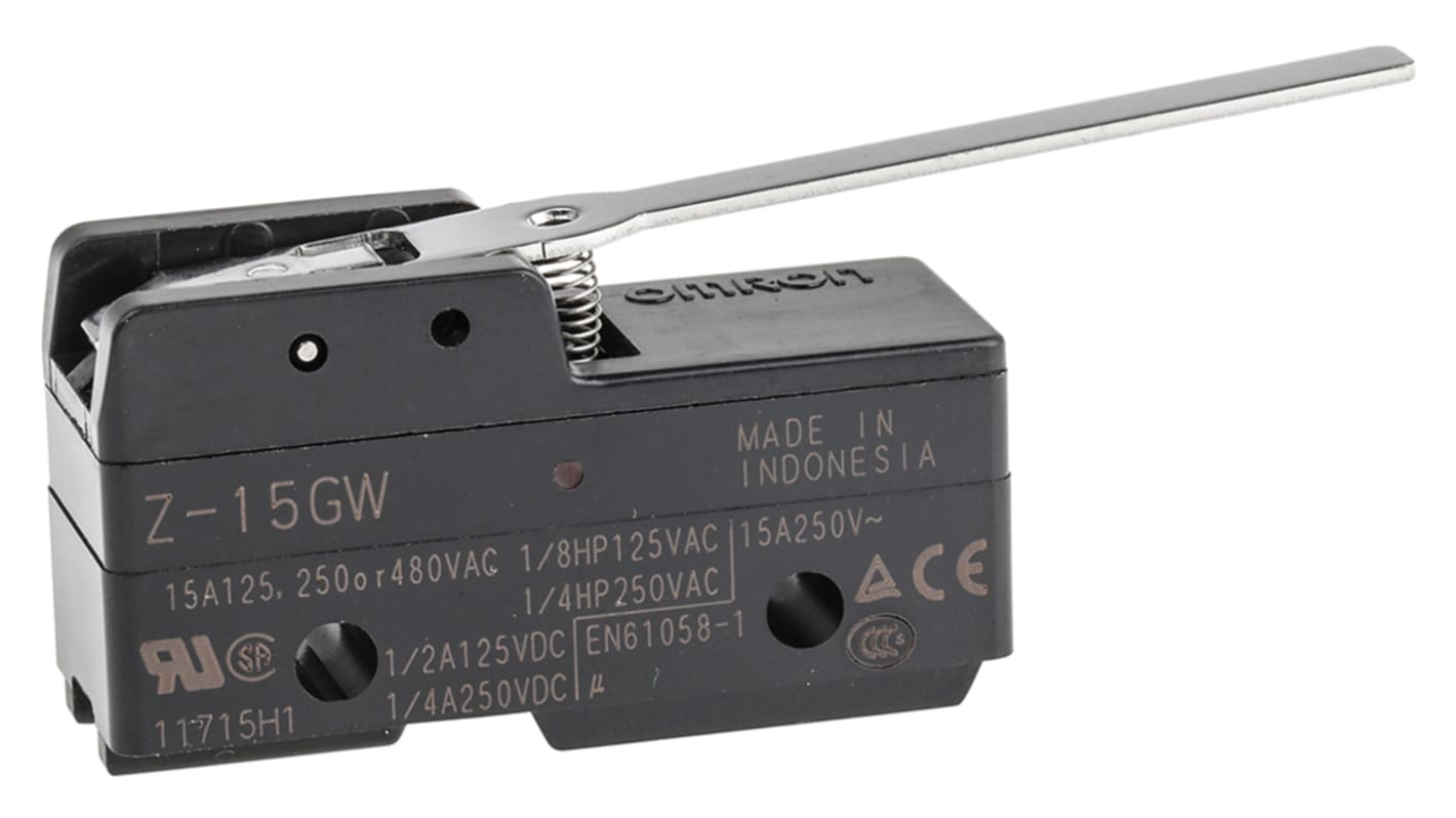 Interruttore di fine corsa Omron Z-15GW, attuatore a leva NO/NC, corrente 15A, dimensioni 49.2mm x 29.4mm x 17.45mm.