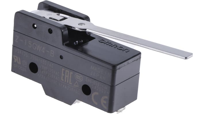 Interruttore di fine corsa Omron Z-15GW4-B, leva SPDT, contatti NO/NC, dimensioni 49.2mm x 29.4mm x 17.45mm, protezione IP00.
