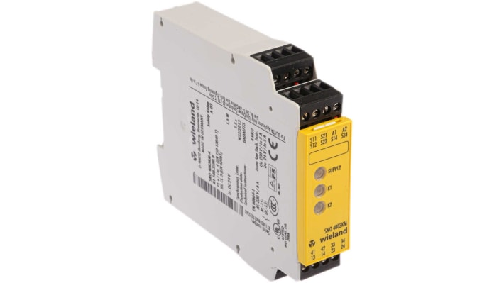 Relè di sicurezza Wieland SNO 4083, 2 canali, 24V cc, 3 contatti, dimensioni 114mm x 22.5mm x 96.5mm.