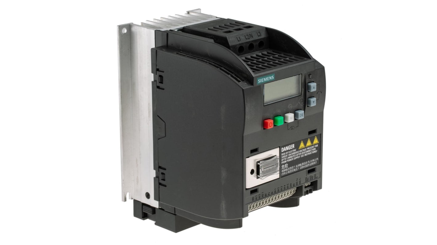 Inverter Siemens 6SL3210-5BE22-2CV0 trifase 400V c.a. 2,2 kW, frequenza 0-550Hz per automazione industriale. Robusto e efficiente.