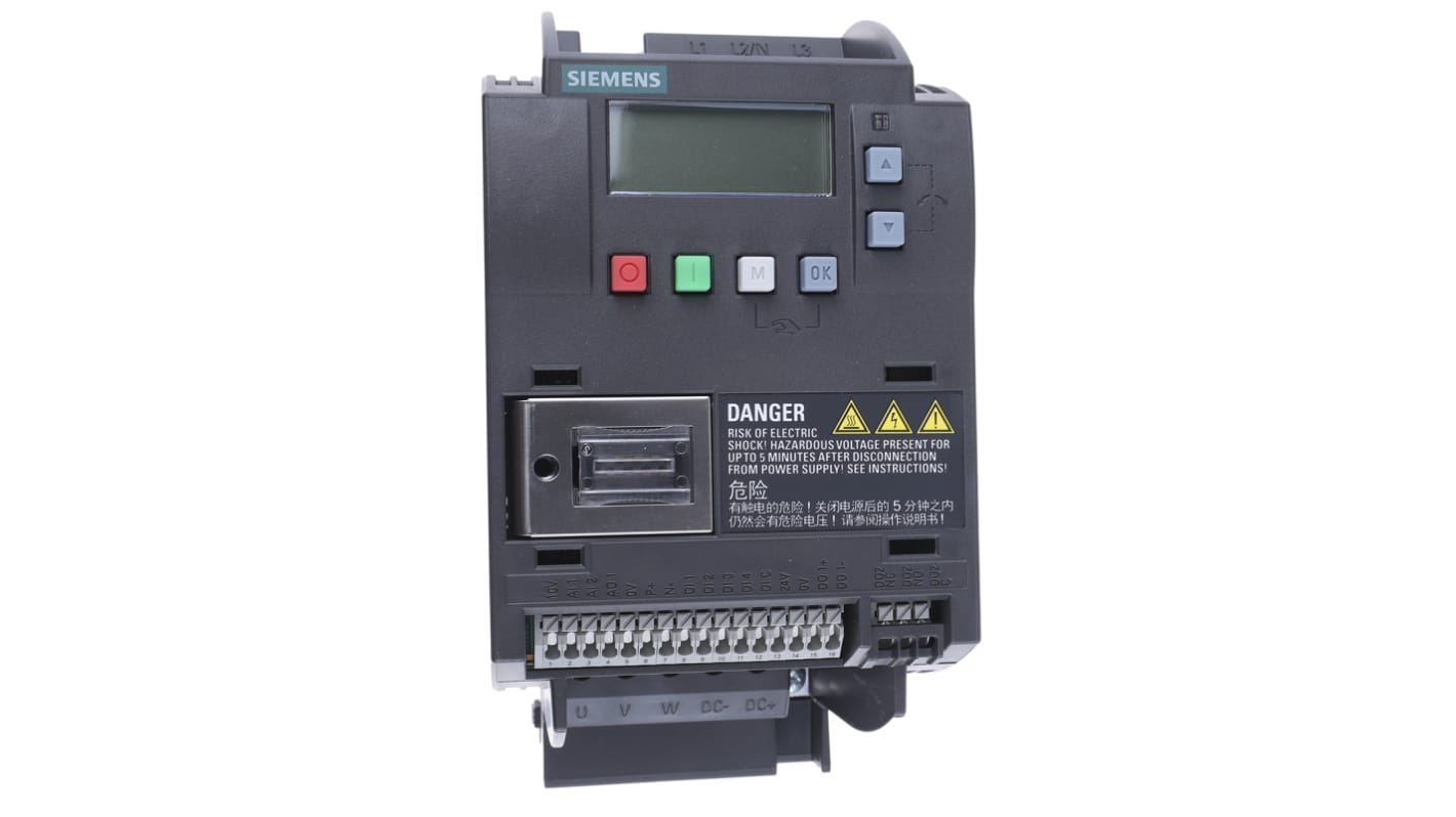 Inverter Siemens 1,5 kW 400 V c.a. 3 fasi 0-550Hz (6SL3210-5BE21-5CV0) per controllo velocità motori, resistente e leggero. Ideale per ambienti difficili.