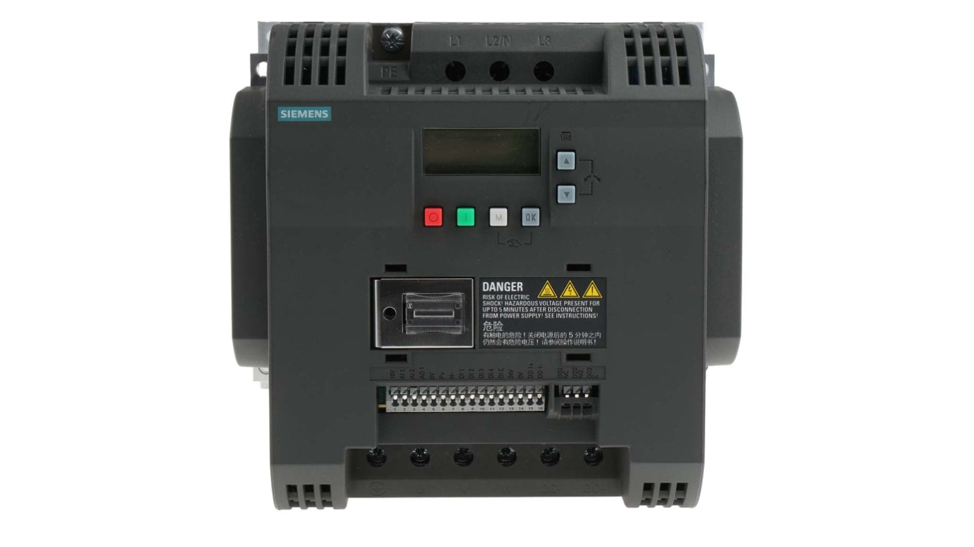 Inverter trifase Siemens 6SL3210-5BE25-5CV0, potenza 5,5 kW, montaggio a parete, dimensioni 184x182x169 mm, comunicazione Modbus.