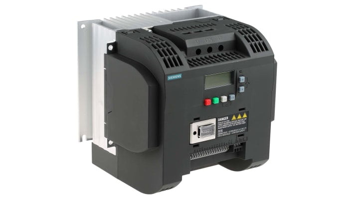 Inverter trifase Siemens 6SL3210-5BE25-5CV0, potenza 5,5 kW, montaggio a parete, dimensioni 184x182x169 mm, comunicazione Modbus.