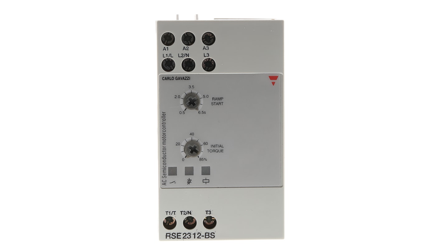 Avviatore soft-start Carlo Gavazzi RSE2312-BS per motori monofase, 3 kW, 230 V, 12 A, dimensioni 77.4 x 45 x 102.5 mm.