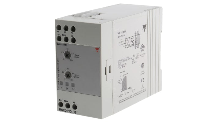 Avviatore soft-start Carlo Gavazzi RSE2312-BS per motori monofase, 3 kW, 230 V, 12 A, dimensioni 77.4 x 45 x 102.5 mm.