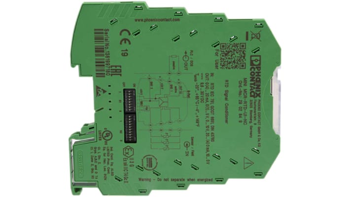 Condizionatore di segnale Phoenix Contact 2902849, ingresso RTD, uscita 0-10 V, montaggio su guida DIN, certificazione ATEX.