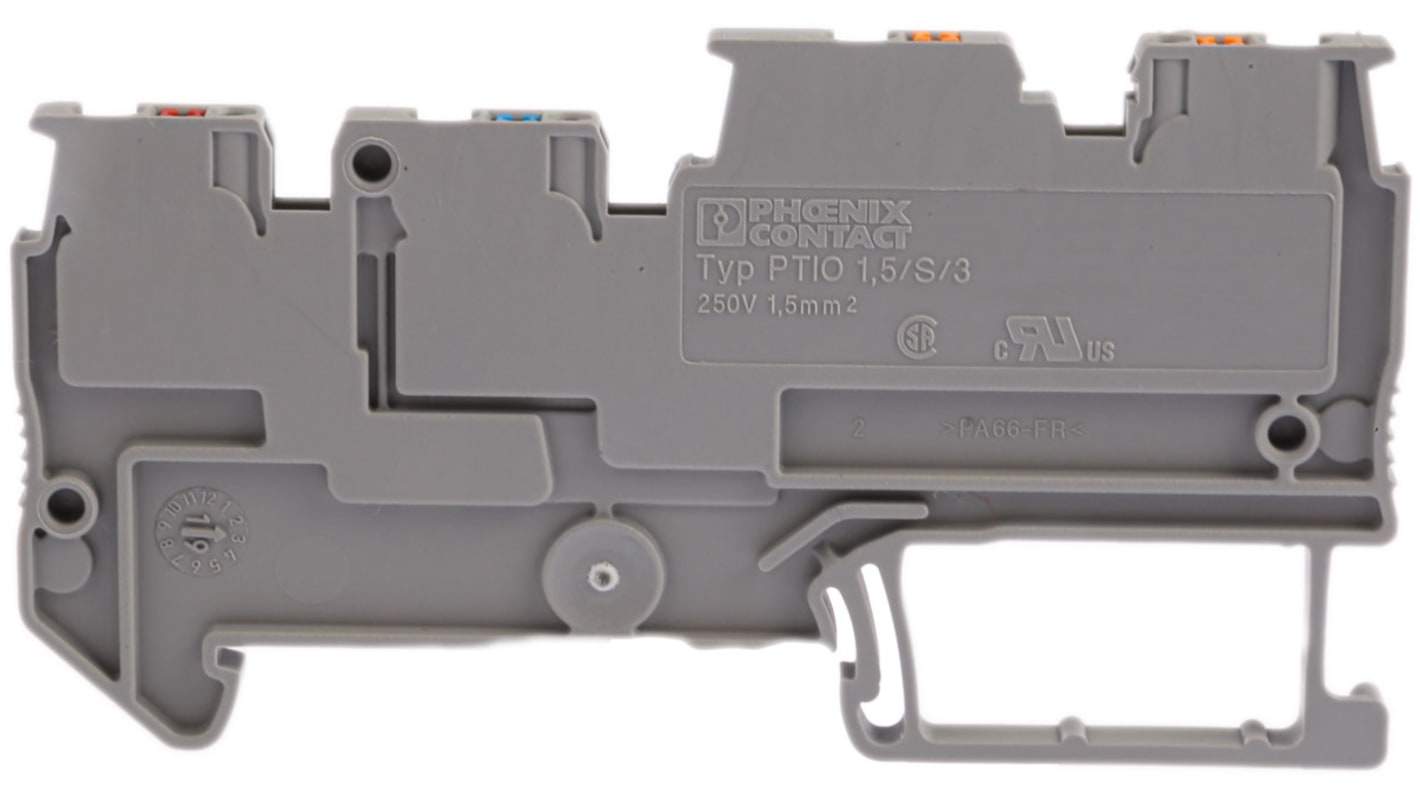 Morsettiera per guida DIN Phoenix Contact 3244410 - Triplo livello, 13.5A, tensione nominale 250V, terminali a innesto PTIO 1.5/S/3. Ideale per sistemi elettrici.