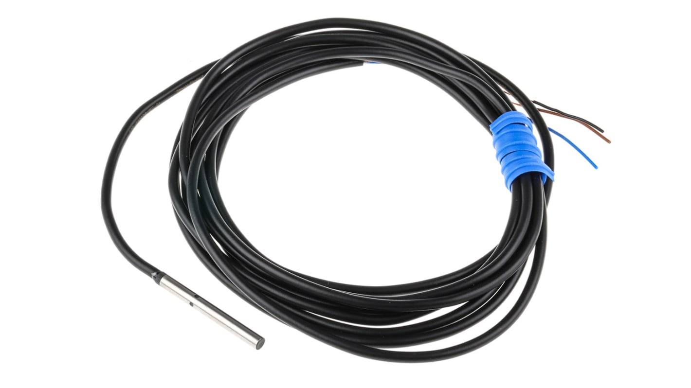 Omron E2E-C03SR8-WC-B1 2M, sensore di prossimità cilindrico PNP, rilevamento 0,8 mm, corpo in acciaio inox, IP67.