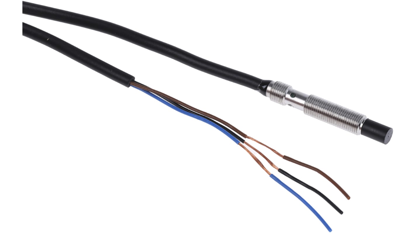 Sensore di prossimità cilindrico PNP Omron E2E-S05N03-WC-B1 2M, rilevamento 3 mm, custodia in acciaio inox, IP67.