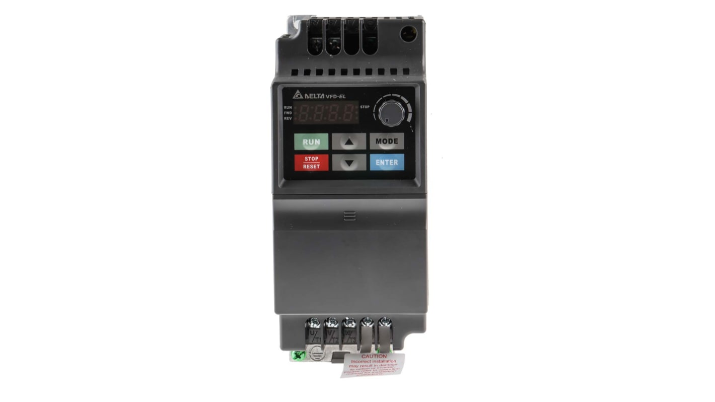Inverter monofase Delta Electronics VFD007EL21A, potenza 0,75 W, 230 V, corrente 9,5 A, dimensioni 72x174x136 mm.