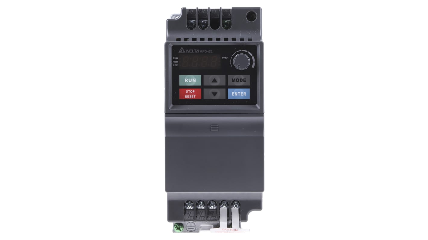 Inverter monofase Delta Electronics VFD004EL21A, potenza 0,4 kW, tensione 230 V, interfaccia RS-485 Modbus, dimensioni 174x72x136 mm.