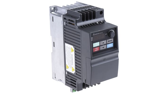 Inverter monofase Delta Electronics VFD004EL21A, potenza 0,4 kW, tensione 230 V, interfaccia RS-485 Modbus, dimensioni 174x72x136 mm.