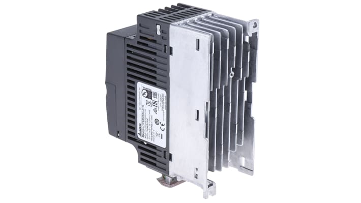 Inverter monofase Delta Electronics VFD004EL21A, potenza 0,4 kW, tensione 230 V, interfaccia RS-485 Modbus, dimensioni 174x72x136 mm.