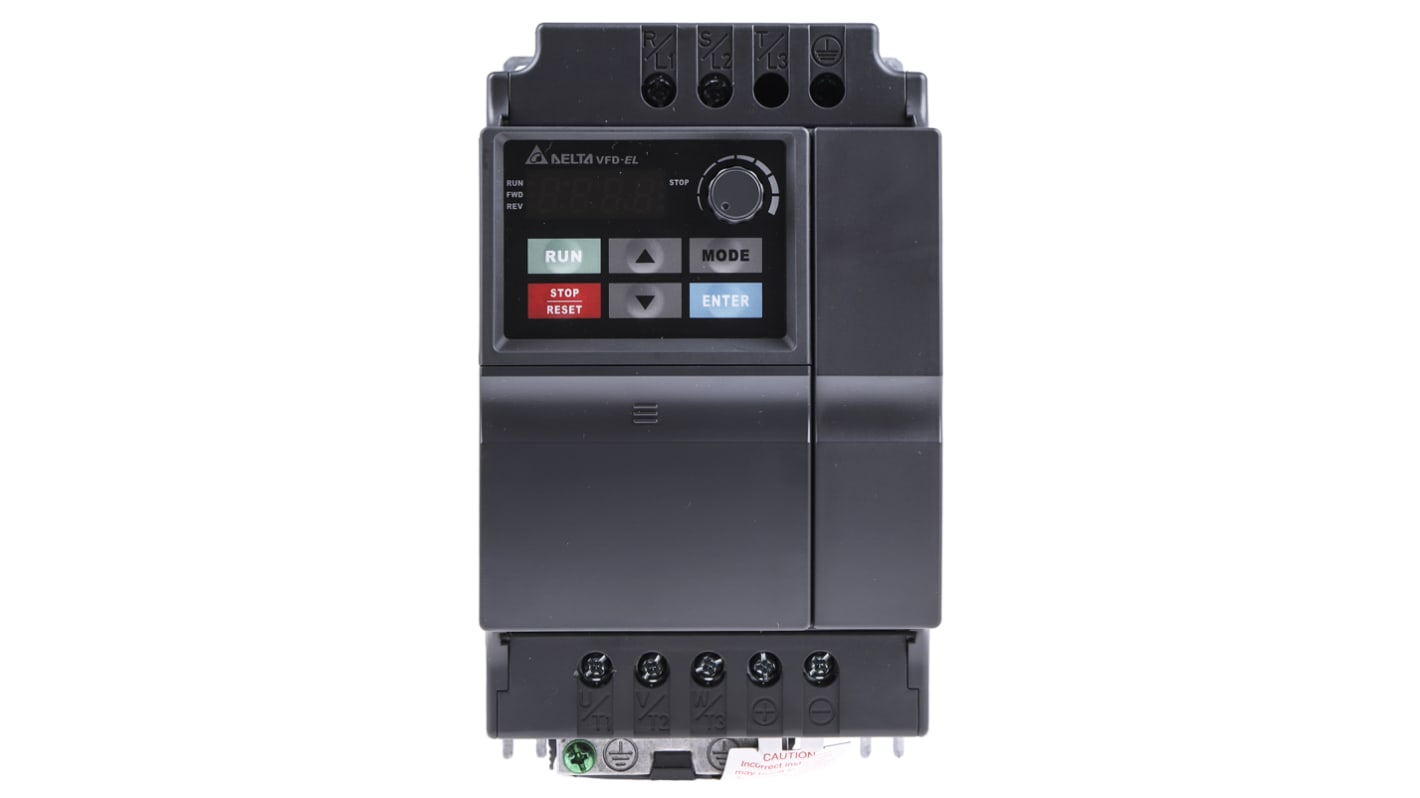 Inverter monofase Delta Electronics VFD022EL21A, potenza 2,2 kW, 230 V, interfaccia RS-485, dimensioni 174x136x100 mm.