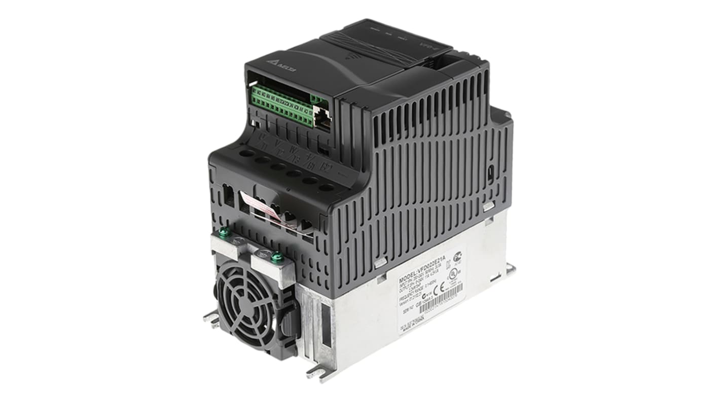 Inverter Delta Electronics VFD022E21A, 2,2 kW, 1 fase, design modulare, frequenza 0-600 Hz, dimensioni 174x100x152 mm.