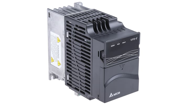 Inverter monofase Delta Electronics VFD007E21T, 0,75 kW, 230 V, 0-600 Hz, design modulare, dimensioni 72x152x142 mm.