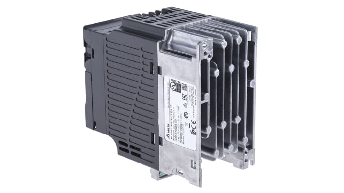 Inverter monofase Delta Electronics VFD007E21T, 0,75 kW, 230 V, 0-600 Hz, design modulare, dimensioni 72x152x142 mm.