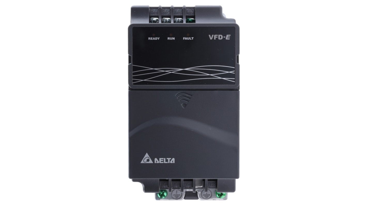 Inverter trifase Delta Electronics VFD015E43T, 1,5 kW, 460 V, design modulare IP20, dimensioni 142x152x72 mm.