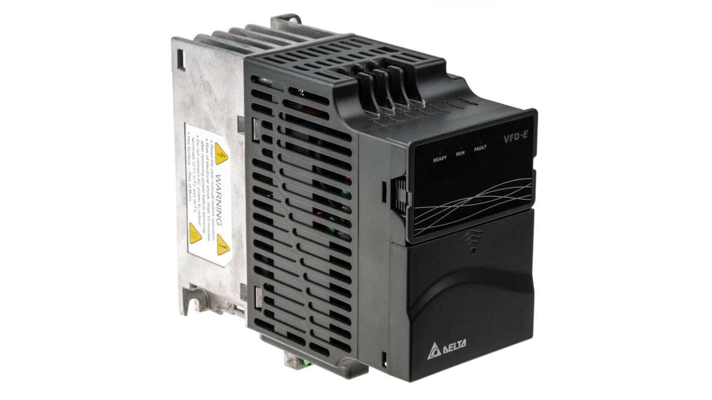 Inverter trifase Delta Electronics VFD007E43T, potenza 0,75 W, 460 V, dimensioni 142x152x72 mm, comunicazione RS485 ModBus.