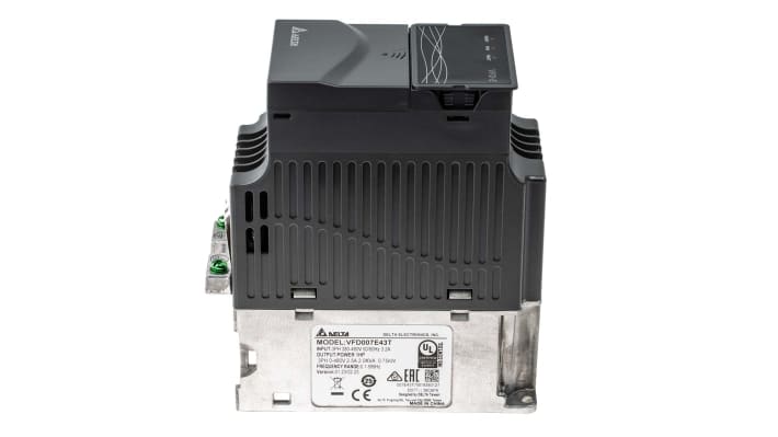 Inverter trifase Delta Electronics VFD007E43T, potenza 0,75 W, 460 V, dimensioni 142x152x72 mm, comunicazione RS485 ModBus.