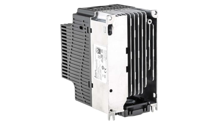 Inverter trifase Delta Electronics VFD037E43A, 3,7 kW, 460 V, design compatto, comunicazione RS485 ModBus, dimensioni 174x100x152 mm.