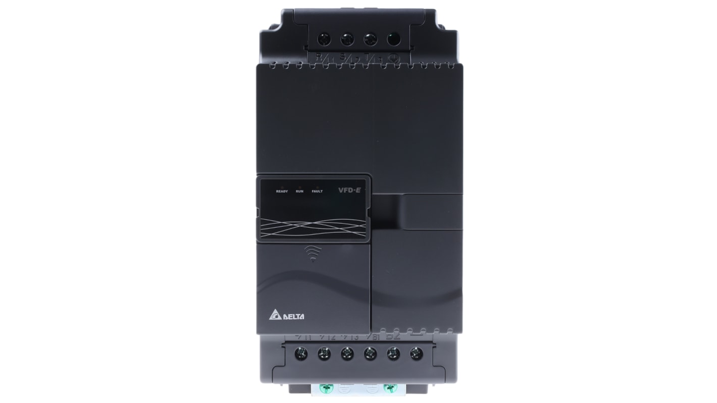 Inverter trifase Delta Electronics VFD055E43A, 5,5 kW, 460 V, design modulare, dimensioni 260x130x169,2 mm.