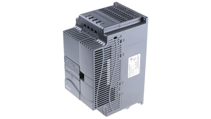 Inverter trifase Delta Electronics VFD055E43A, 5,5 kW, 460 V, design modulare, dimensioni 260x130x169,2 mm.
