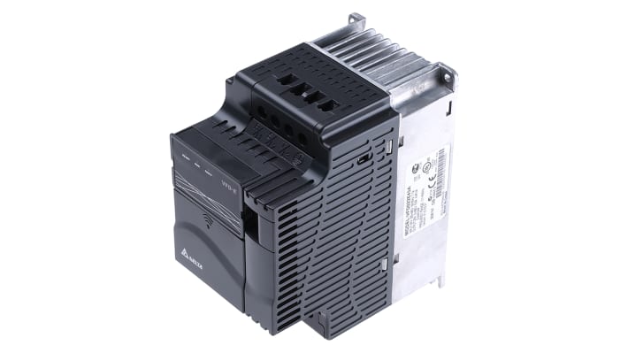 Inverter trifase Delta Electronics VFD022E43A, 2,2 kW, 460 V, 7,1 A, design modulare, dimensioni 174x100x152 mm.