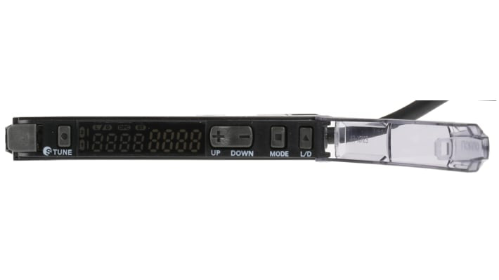 Sensore PNP precablato Omron E3NX-FA51 2M, LED rosso, 10-30 V c.c., dimensioni 104,8 x 27,8 x 10 mm.