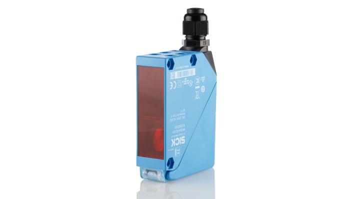 Sensore fotoelettrico rettangolare Sick WT34-R220, gamma di rilevamento 100 mm a 2,5 m, montaggio a pannello, dimensioni 27 mm x 92 mm x 70 mm.