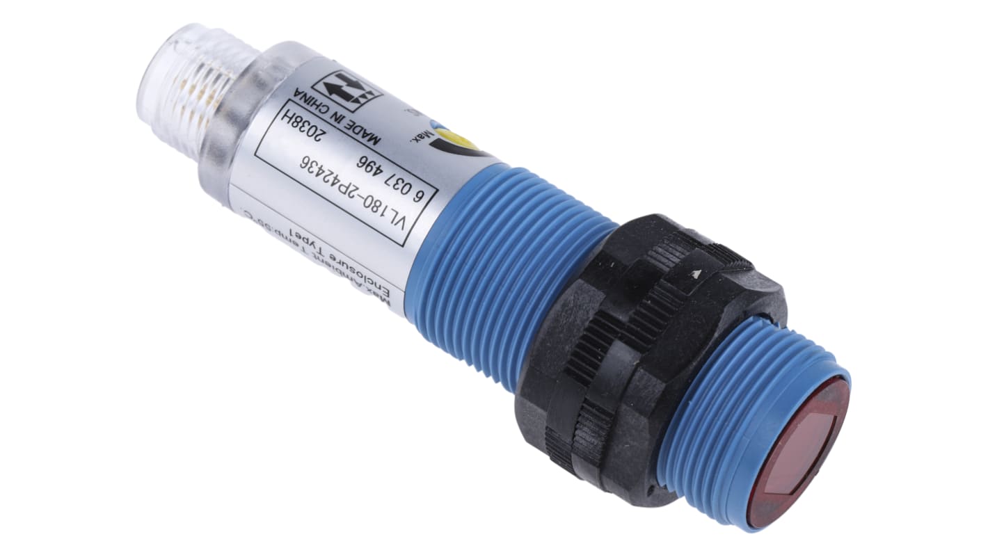 Sensore fotoelettrico cilindrico Sick VL180-2P42436, retro-riflettente, gamma 50 mm a 7 m, IP67, alimentazione 10-30V CC.